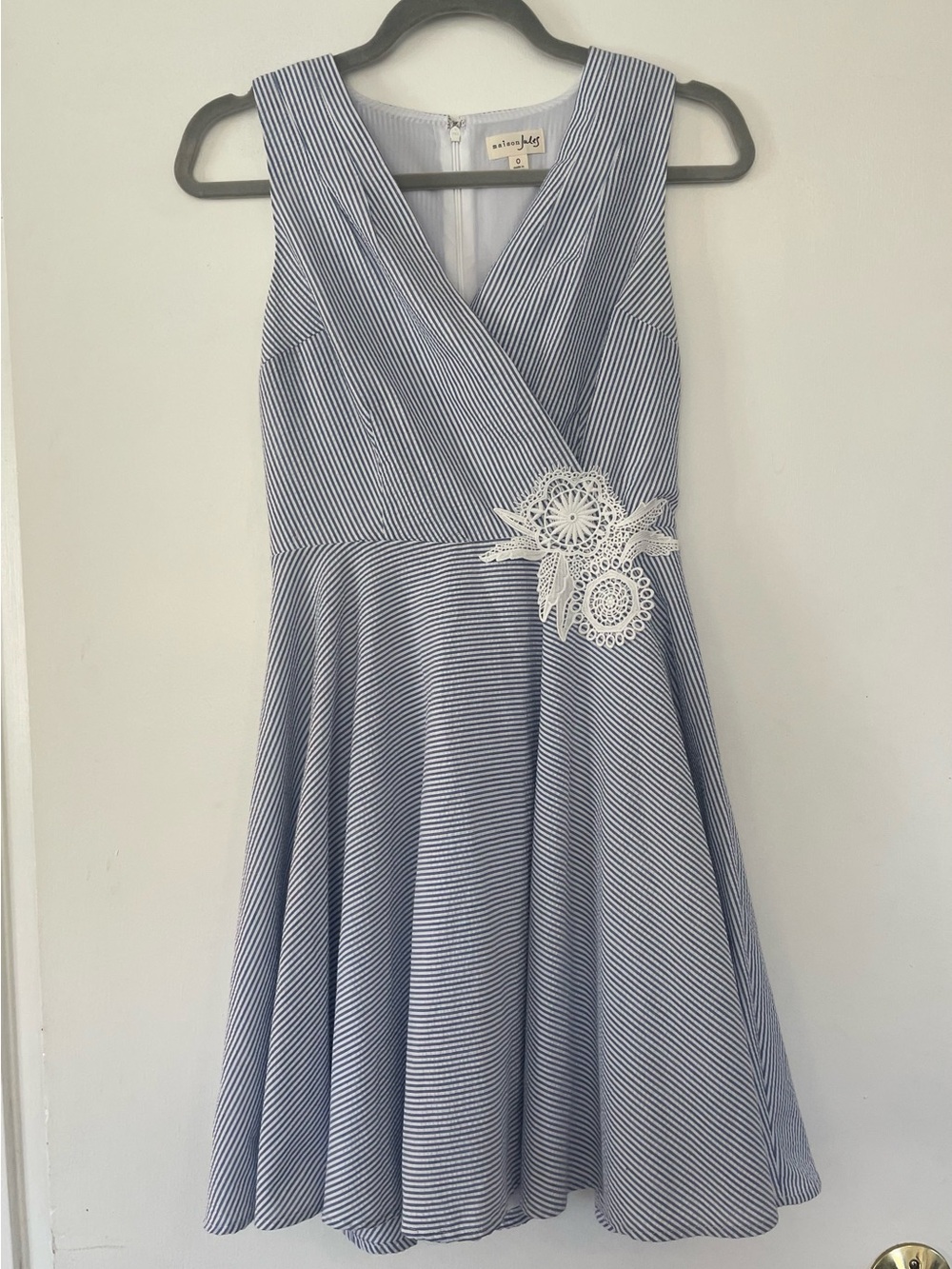 Maison Jules Blue and White Striped Dress with Lace Appliqué